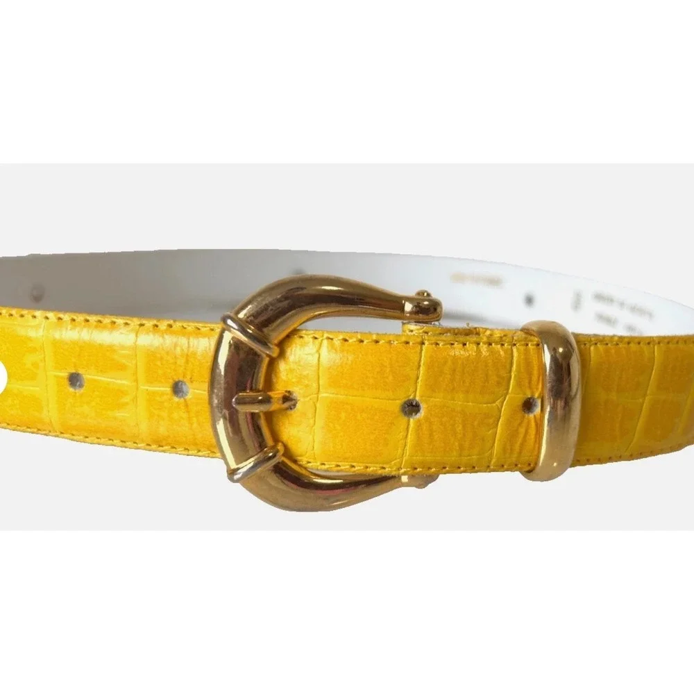 Vintage French Yellow Croc Embossed Leather Belt Scottie Dog Gold Buckle Small